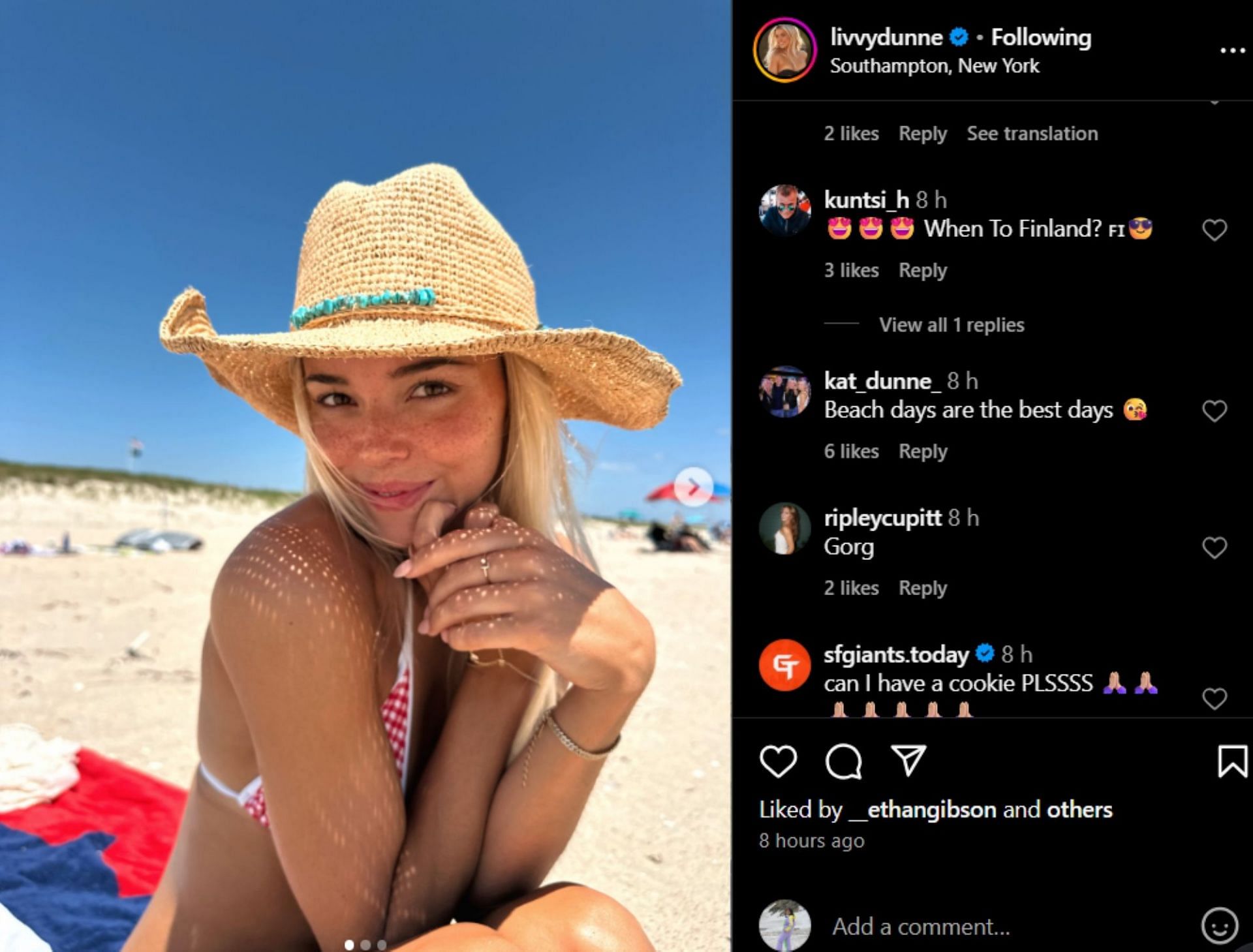Katherine comments on Dunne's post; Instagram - @livvydunne